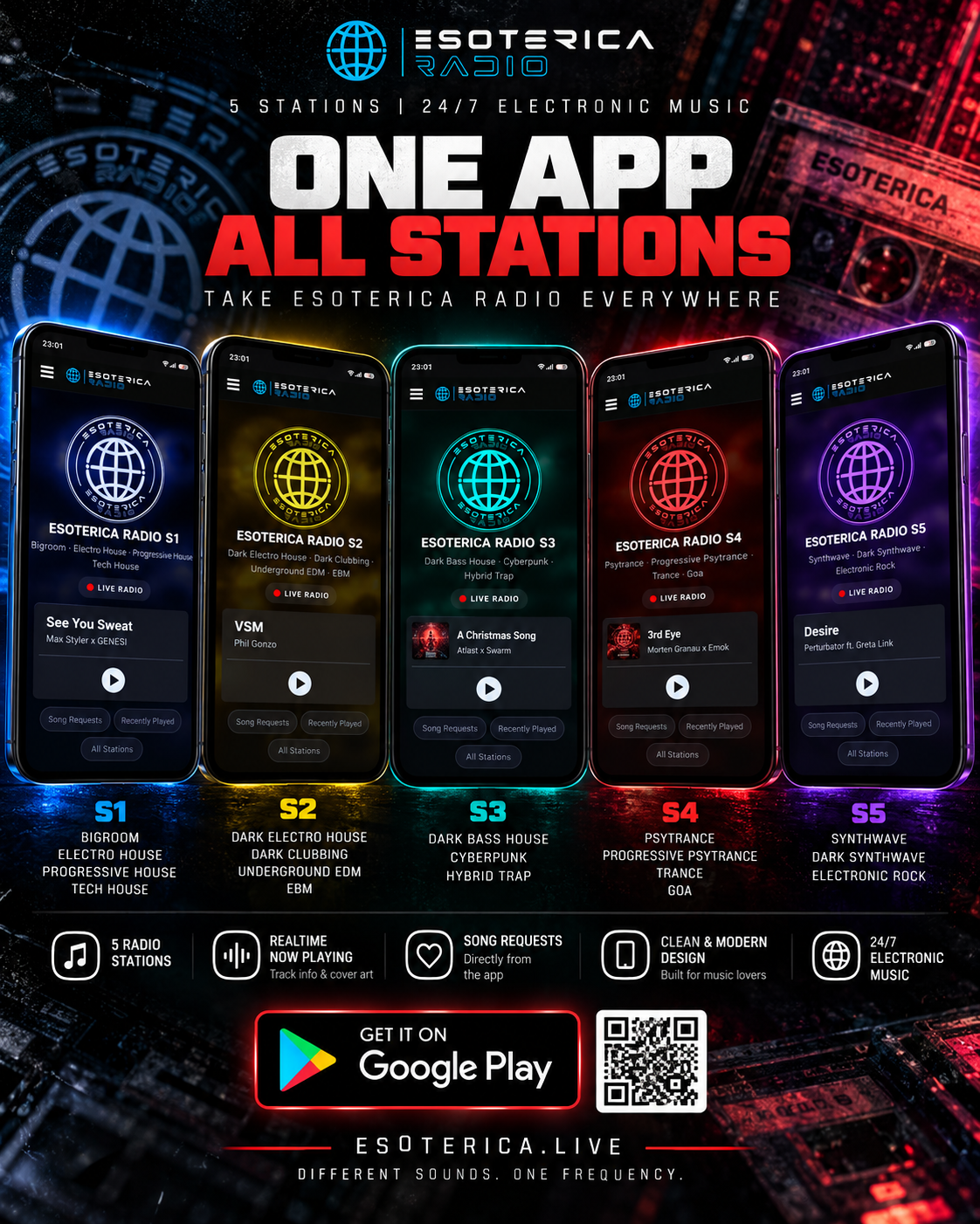 Esoterica Radio mobile app featuring five radio stations
